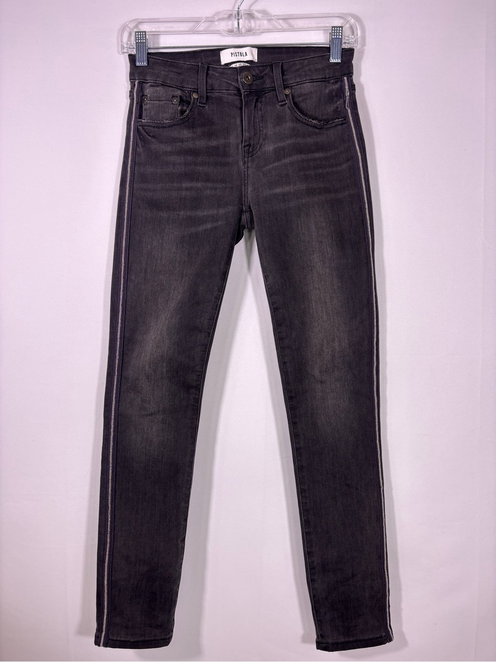 Pistola Black Skinny Jeans Micro Chain Side Stripe Tuxedo Moto Size 25